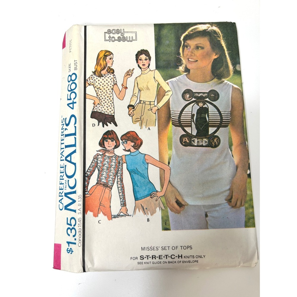 McCall's 4568 Sewing Pattern Misses Petite Size 6-8 70s‎ Knit Tops